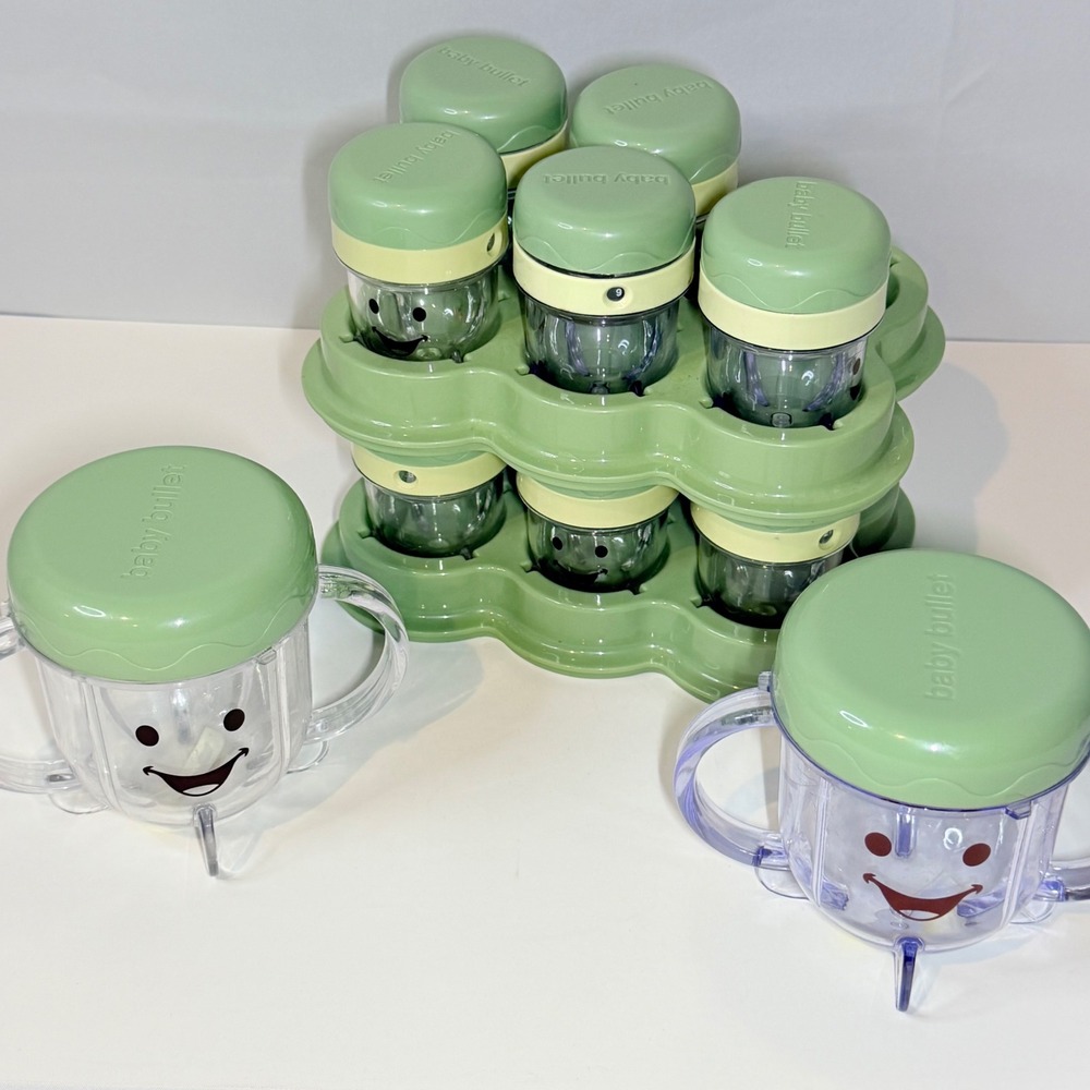 Baby Bullet Storage System 12 Date Dial Cups 2 Trays 2 Short Cups Green Clear